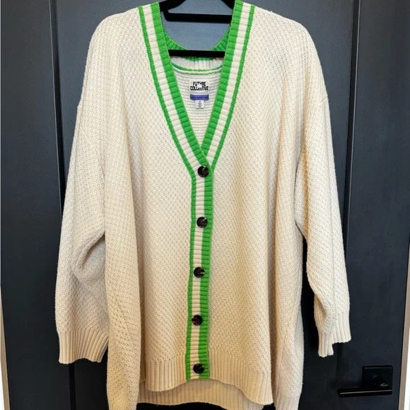Old Navy Cream Cardigan with Green Trim - Picture 1 of 1